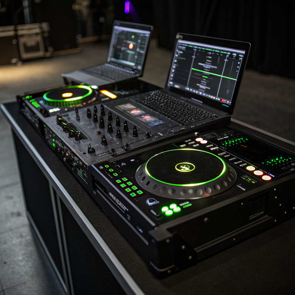 Four CDJ-style players glowing neon-lime in the dark